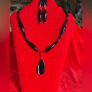 Handcrafted Onyx, Agate & Red Coral Gemstone Necklace & Earring set.